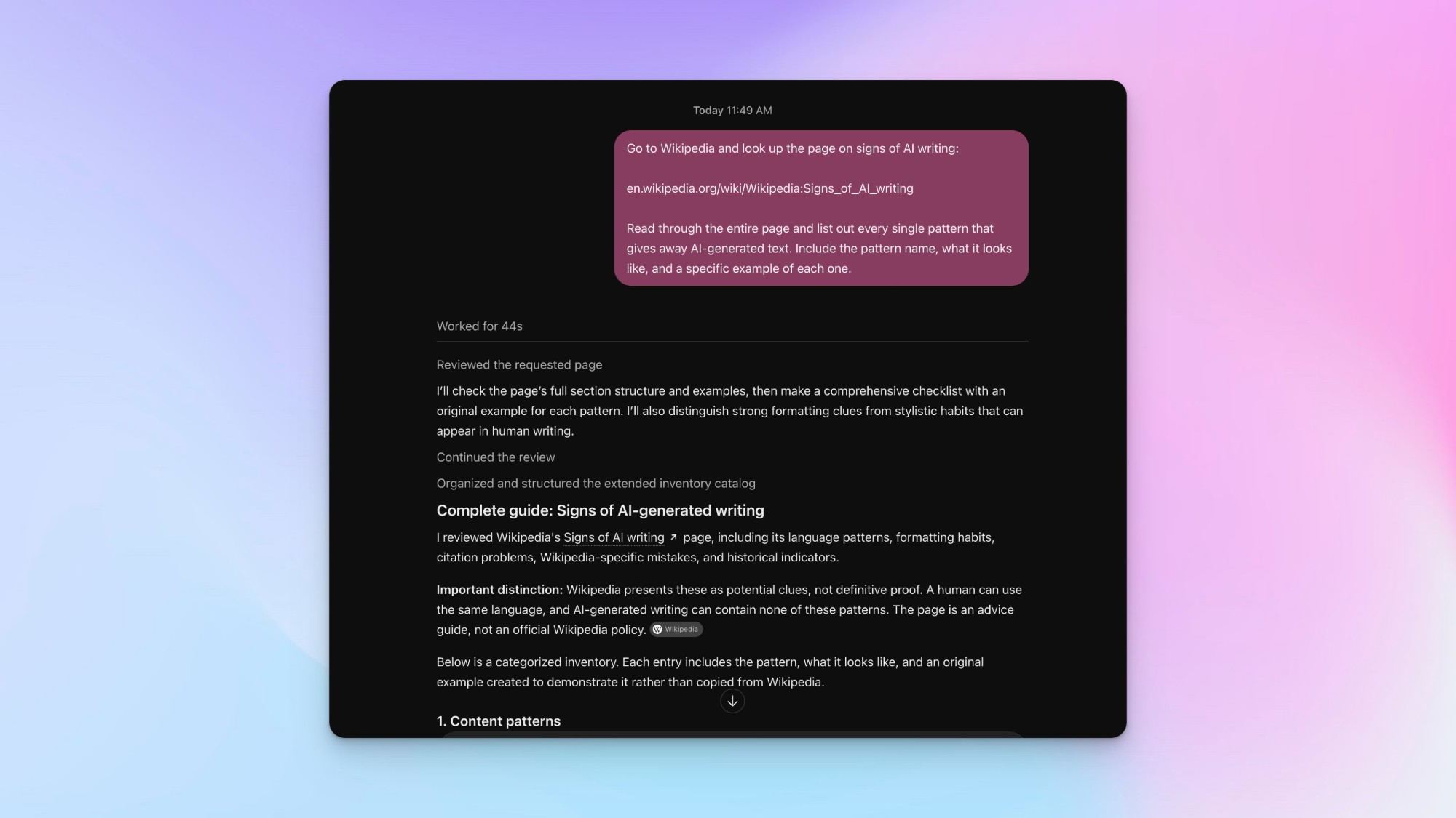 第一步:要求 ChatGPT 閱讀維基百科「Signs of AI writing」頁面,列出所有 AI 寫作特徵