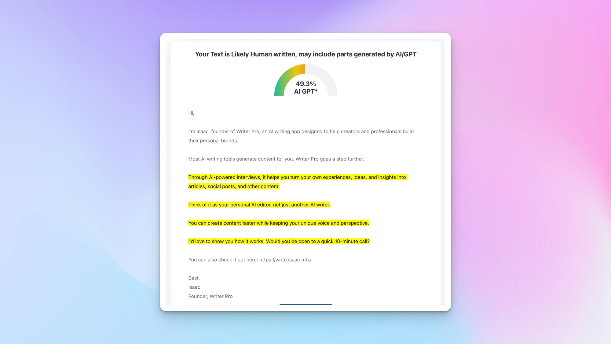 ZeroGPT 檢測 Cold Email 的結果:49.3% AI