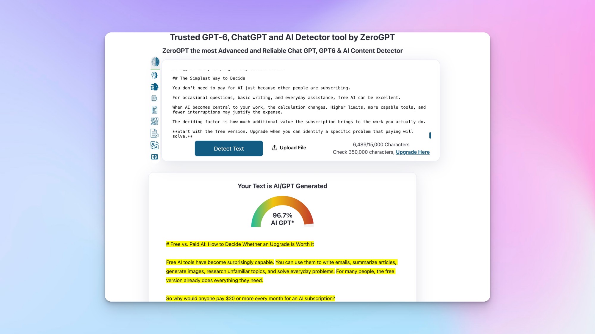 ZeroGPT 檢測 ChatGPT 長文的結果:96.7% AI
